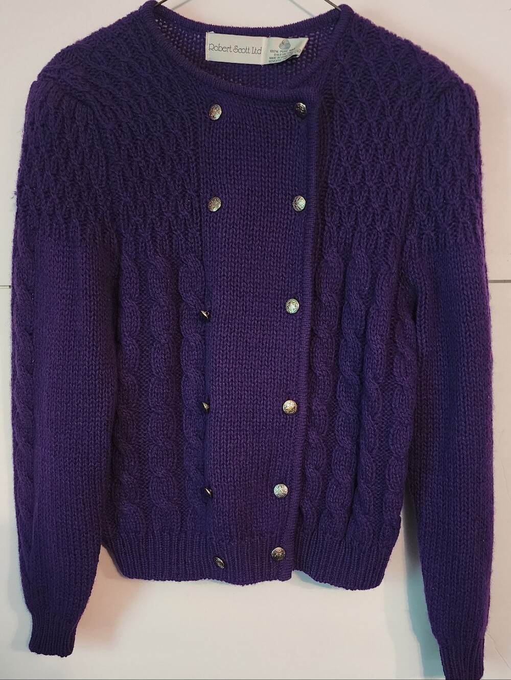 Purple Wool Cable-Knit Button Cardigan Sweater